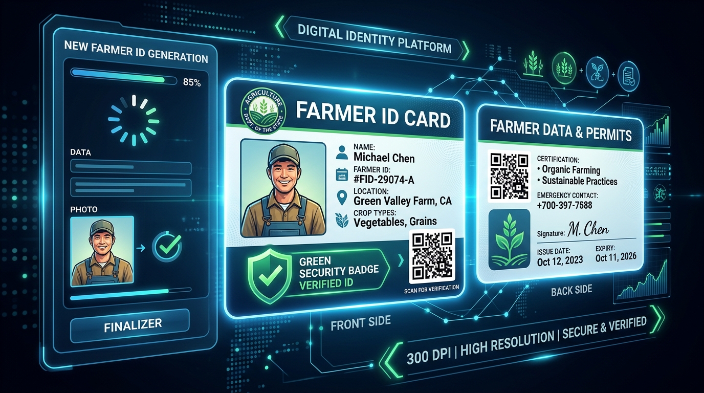 300 DPI High Resolution Digital Farmer Identity Card generated with QR code